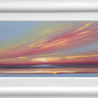 Lake District art original acrylic by Jonathan Shaw of a dramatic skyscape of pink and blue. Displayed in a white cushioned frame.
