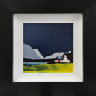 Lake District Art original acrylic painting Ullswater by Jay Nottingham in his dramatic style of mountain sihouettes in blues with a cottage in the foreground. Displayed in a black frame.