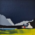 Lake District Art original acrylic painting Ullswater by Jay Nottingham in his dramatic style of mountain sihouettes in blues with a cottage in the foreground.