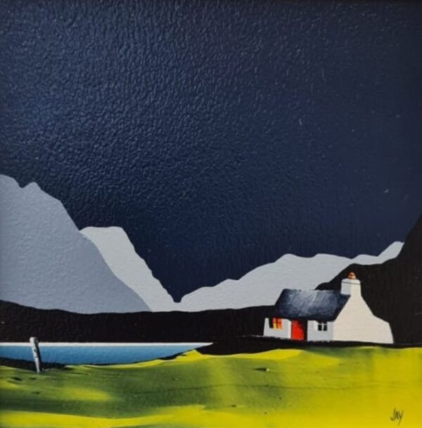 Lake District Art original acrylic painting Ullswater by Jay Nottingham in his dramatic style of mountain sihouettes in blues with a cottage in the foreground.