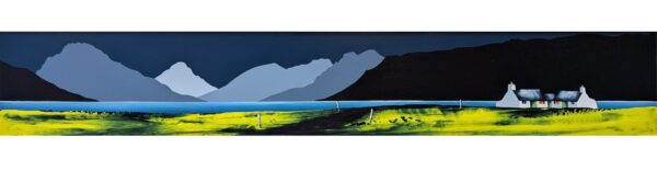 lake district art panoramic original painting by artist jay nottingham featuring Wastwater with great gable yewbarrow and scafell silhouettes and dark sky