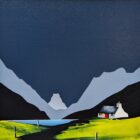A stylised landscape painting of a white cottage on bright green hills beside a lake, framed by dark mountains and pale blue peaks beneath a deep navy sky.