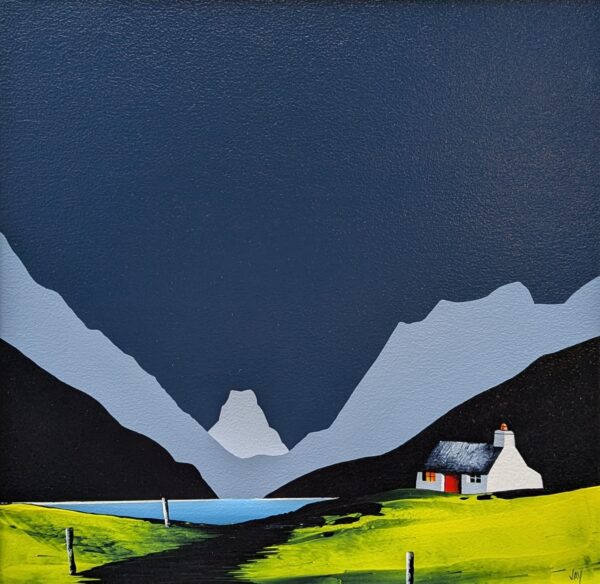 A stylised landscape painting of a white cottage on bright green hills beside a lake, framed by dark mountains and pale blue peaks beneath a deep navy sky.
