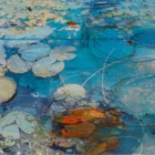 Original mixed media painting by Kate Boyce featuring abstract lilies blue and orange tones
