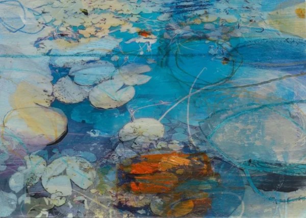 Original mixed media painting by Kate Boyce featuring abstract lilies blue and orange tones
