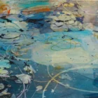Original mixed media painting by Kate Boyce featuring abstract lilies blue white and orange tones