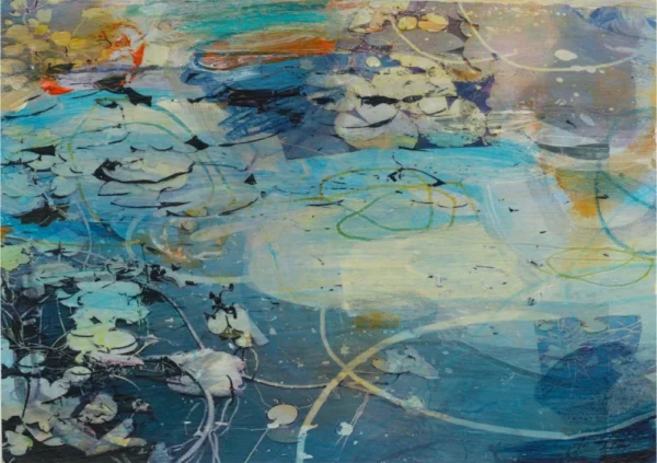 Original mixed media painting by Kate Boyce featuring abstract lilies blue white and orange tones
