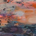Original mixed media painting by Kate Boyce featuring abstract water lilies blue purple pink and orange sunset tones