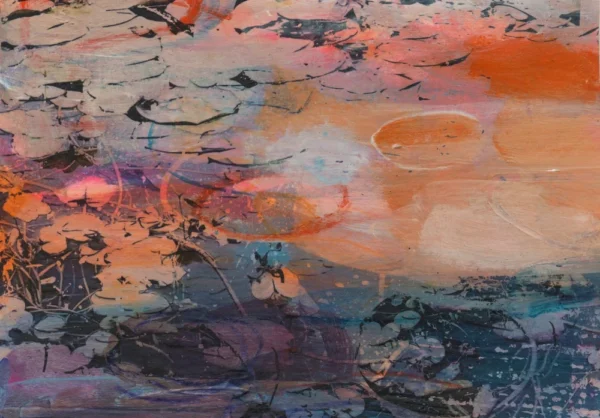 Original mixed media painting by Kate Boyce featuring abstract water lilies blue purple pink and orange sunset tones