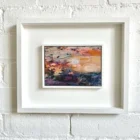 Original mixed media painting by Kate Boyce featuring abstract water lilies blue purple pink and orange sunset tones