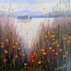 lake district art original oil painting by local artist Jeff Sudders featuring the a colourful wildflower shoreline at waterhead ambleside overlooking lake windermere