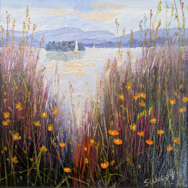 lake district art original oil painting by local artist Jeff Sudders featuring the a colourful wildflower shoreline at waterhead ambleside overlooking lake windermere