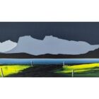 A stylized panoramic landscape showing a white cottage by a calm blue lake, bright green fields, and distant mountains beneath a dark, moody sky.