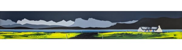 A stylized panoramic landscape showing a white cottage by a calm blue lake, bright green fields, and distant mountains beneath a dark, moody sky.