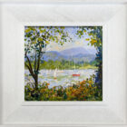 lake district art original oil painting by local artist Jeff Sudders featuring blue skies over lake Windermere sailboats floating by and bright greenery and trees in the foreground. Displayed in a white oak frame.