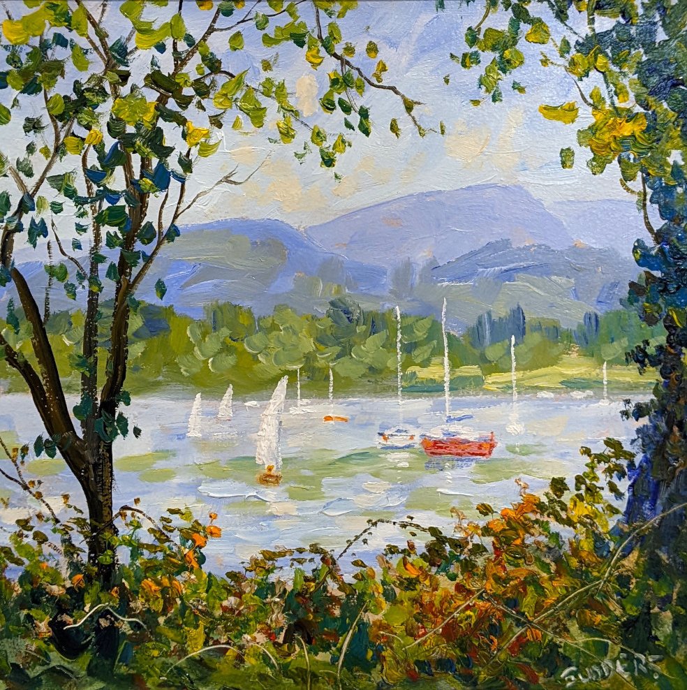 Windermere at Waterhead by Jeff Sudders 16x16 product image lake district art original oil painting by local artist Jeff Sudders featuring blue skies over lake Windermere sailboats floating by and bright greenery and trees in the foreground.