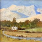 lake district art original oil painting by local artist Jeff Sudders featuring a cottage sitting before a snowy Blencathra and sunshine bouncing off the hills.