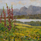 lake district art original oil painting by local artist Jeff Sudders featuring summer foxgloves and wildflowers by lake windermere and langdale pikes