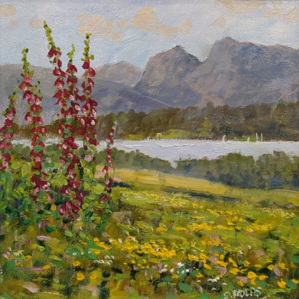 lake district art original oil painting by local artist Jeff Sudders featuring summer foxgloves and wildflowers by lake windermere and langdale pikes