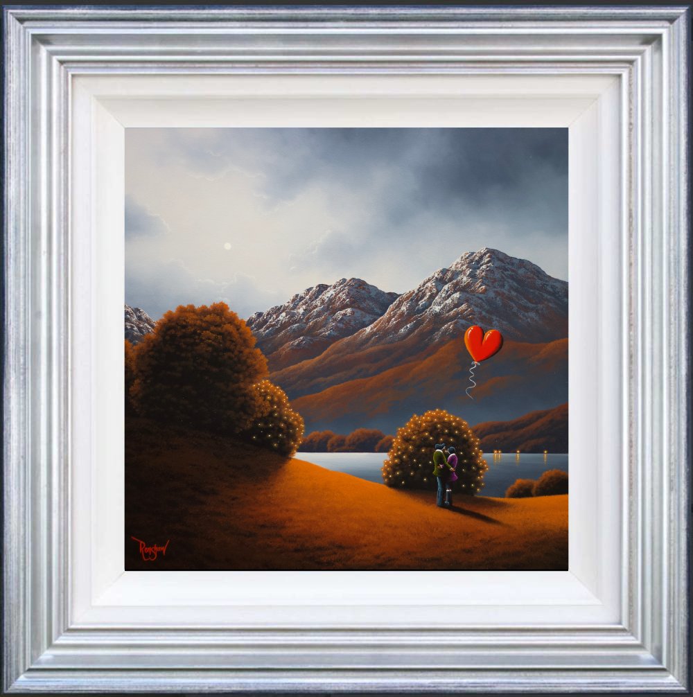 Lake District art original oil painting by David Renshaw. featuring Ted and Doris comic love. snowy topped mountains lake and warm embrace