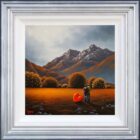 Lake District art original oil painting by David Renshaw. featuring Ted and Doris looking at snow topped mountain scene