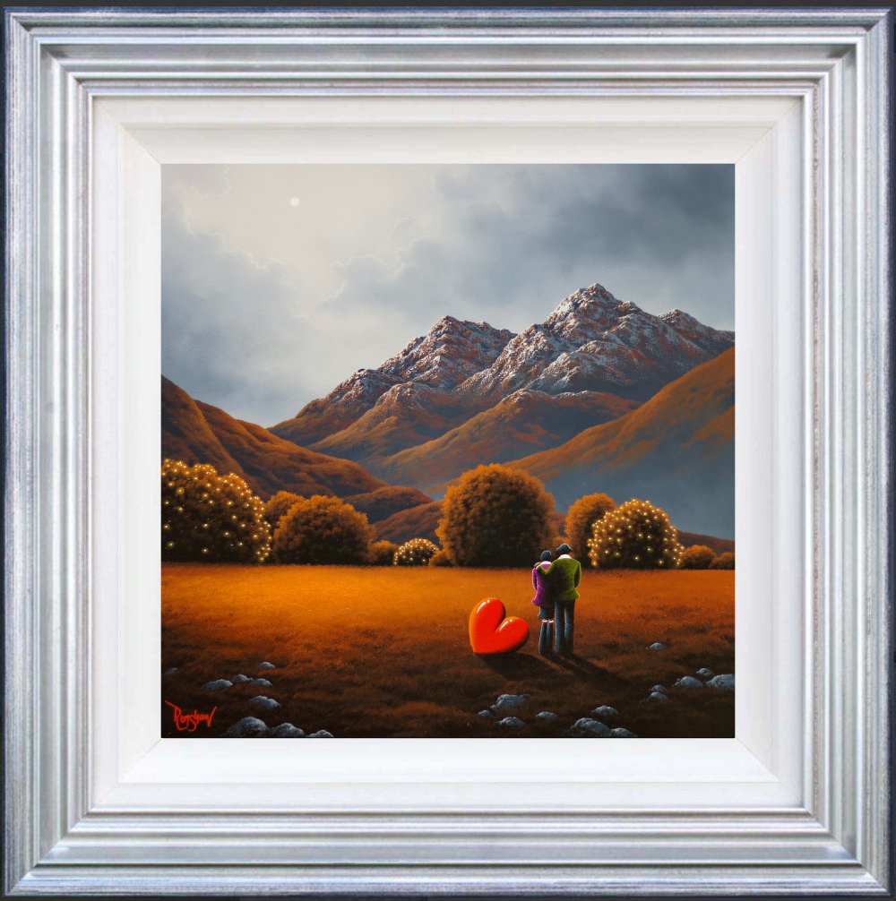 Lake District art original oil painting by David Renshaw. featuring Ted and Doris looking at snow topped mountain scene