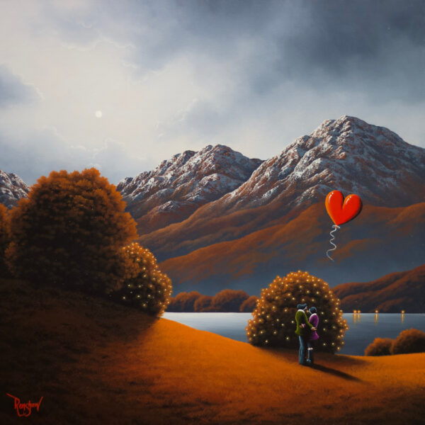 Lake District art original oil painting by David Renshaw. featuring Ted and Doris comic love. snowy topped mountains lake and warm embrace