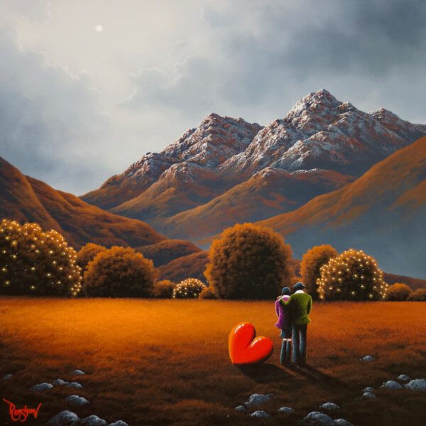 Lake District art original oil painting by David Renshaw. featuring Ted and Doris looking at snow topped mountain scene