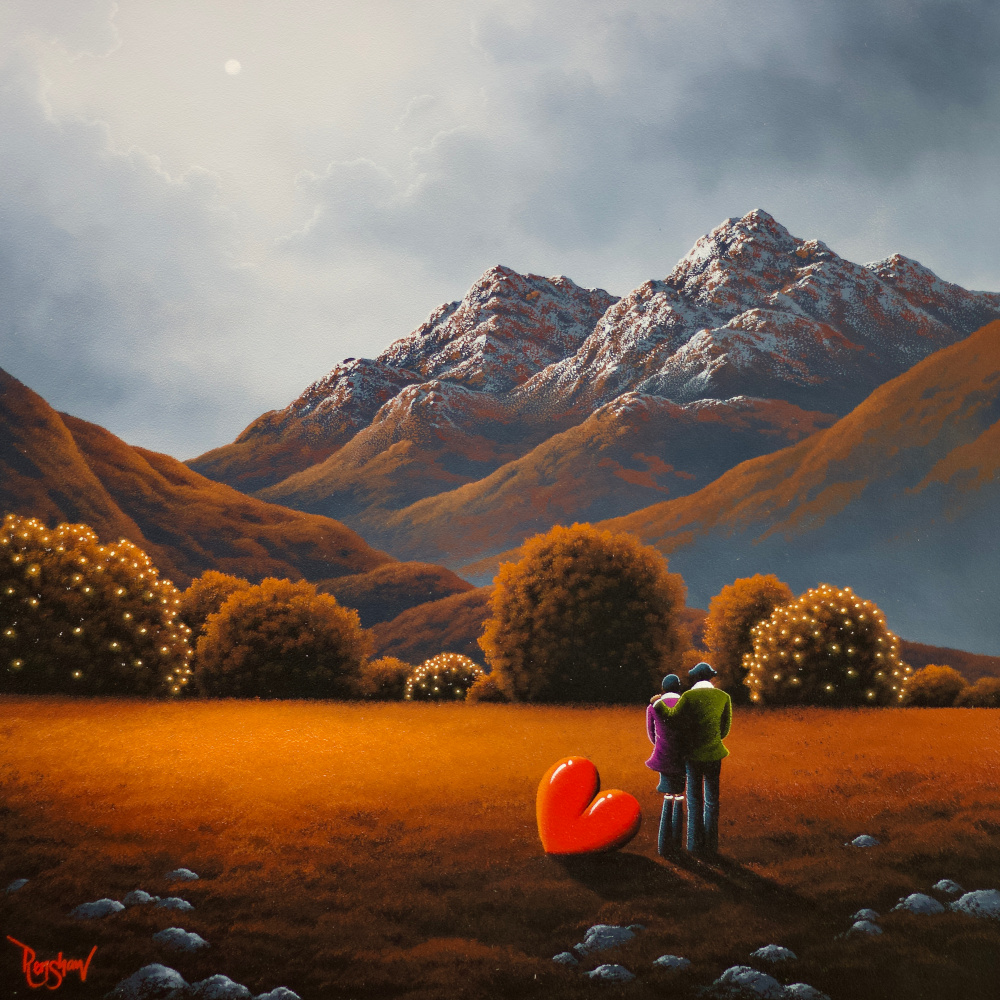 20 x 20 to go to Windermere Lake District art original oil painting by David Renshaw. featuring Ted and Doris looking at snow topped mountain scene