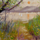 Lake District art original oil painting by Jeff Sudders landscape a lakeland sunrise low sun and lake shoreline