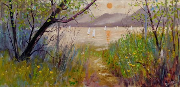 Lake District art original oil painting by Jeff Sudders landscape a lakeland sunrise low sun and lake shoreline