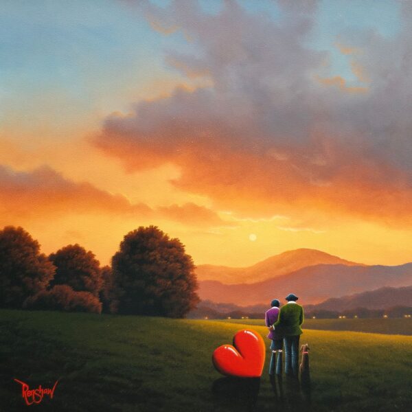 lake district art romantic original oil painting by david renshaw featuring Ted and Doris watching the sun set over the fells