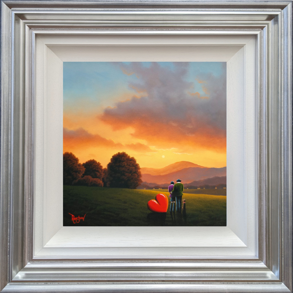 lake district art romantic original oil painting by david renshaw featuring Ted and Doris watching the sun set over the fells