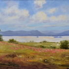 Lake District art original oil painting by Jeff Sudders. a summer afternoon by derwentwater looking towards northern fells