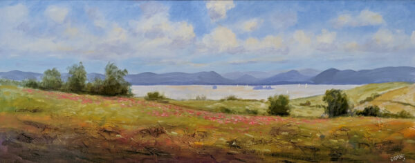 Lake District art original oil painting by Jeff Sudders. a summer afternoon by derwentwater looking towards northern fells