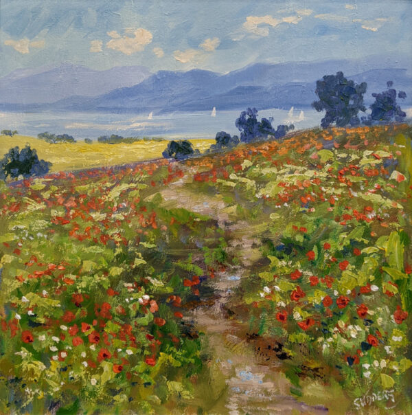 Lake District art original oil painting by Jeff Sudders a summer footpath bright florals lake and fells