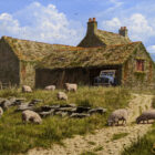 Oil painting by renowned countryside artist Edward Hersey of an old farmhouse with land rover parked, sheep grazing on the hill