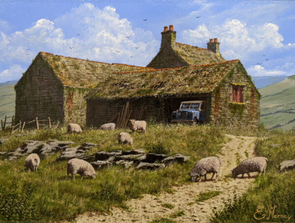 Oil painting by renowned countryside artist Edward Hersey of an old farmhouse with land rover parked, sheep grazing on the hill