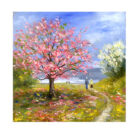 Lake District art framed print Cherry Blossom at Waterhead Trio by Jeff Sudders of pink cherry blossom in the lakeland scenery with a couple walking along a path and Windermere lake in the distance.