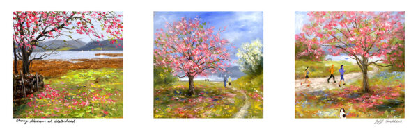 Lake District art framed print Cherry Blossom at Waterhead Trio by Jeff Sudders of pink cherry blossom in the lakeland scenery with a couple walking along a path and Windermere lake in the distance.