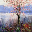 Lake District art original oil painting by local artist Jeff Sudders Cherry blossom, showing Derwentwater in the distance.