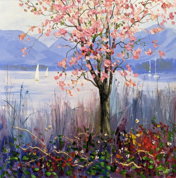 Lake District art original oil painting by local artist Jeff Sudders Cherry blossom, showing Derwentwater in the distance.