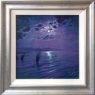 Clair De Lune Windermere Original lake district oil painting by Andrew Grant Kurtis. A beautiful night shy of purple and blue tones a calm water reflecting the moonlight. Displayed in a silver frame.