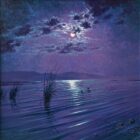 Clair De Lune Windermere Original lake district oil painting by Andrew Grant Kurtis. A beautiful night shy of purple and blue tones a calm water reflecting the moonlight.
