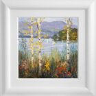 Lake District art original oil painting by local artist Jeff Sudders. Colour by Windermere. silver birch and wildflowers on lakeshore with fells