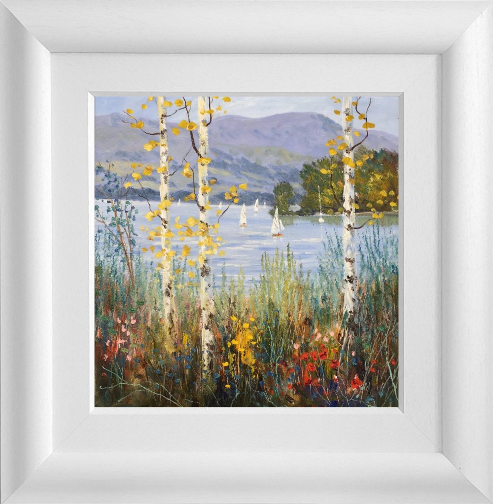 Lake District art original oil painting by local artist Jeff Sudders. Colour by Windermere. silver birch and wildflowers on lakeshore with fells