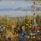 Lake District art original oil painting colourful shoreline by Jeff Sudders of a wildflower meadow and silver birches overlooking lake windermere