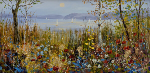 Lake District art original oil painting colourful shoreline by Jeff Sudders of a wildflower meadow and silver birches overlooking lake windermere
