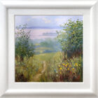 Lake District art original oil painting by Jeff Sudders featuring bright green trees and flowers with blue skies and lake Windermere in the distance.