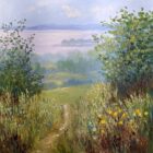 Lake District art original oil painting by Jeff Sudders featuring bright green trees and flowers with blue skies and lake Windermere in the distance.